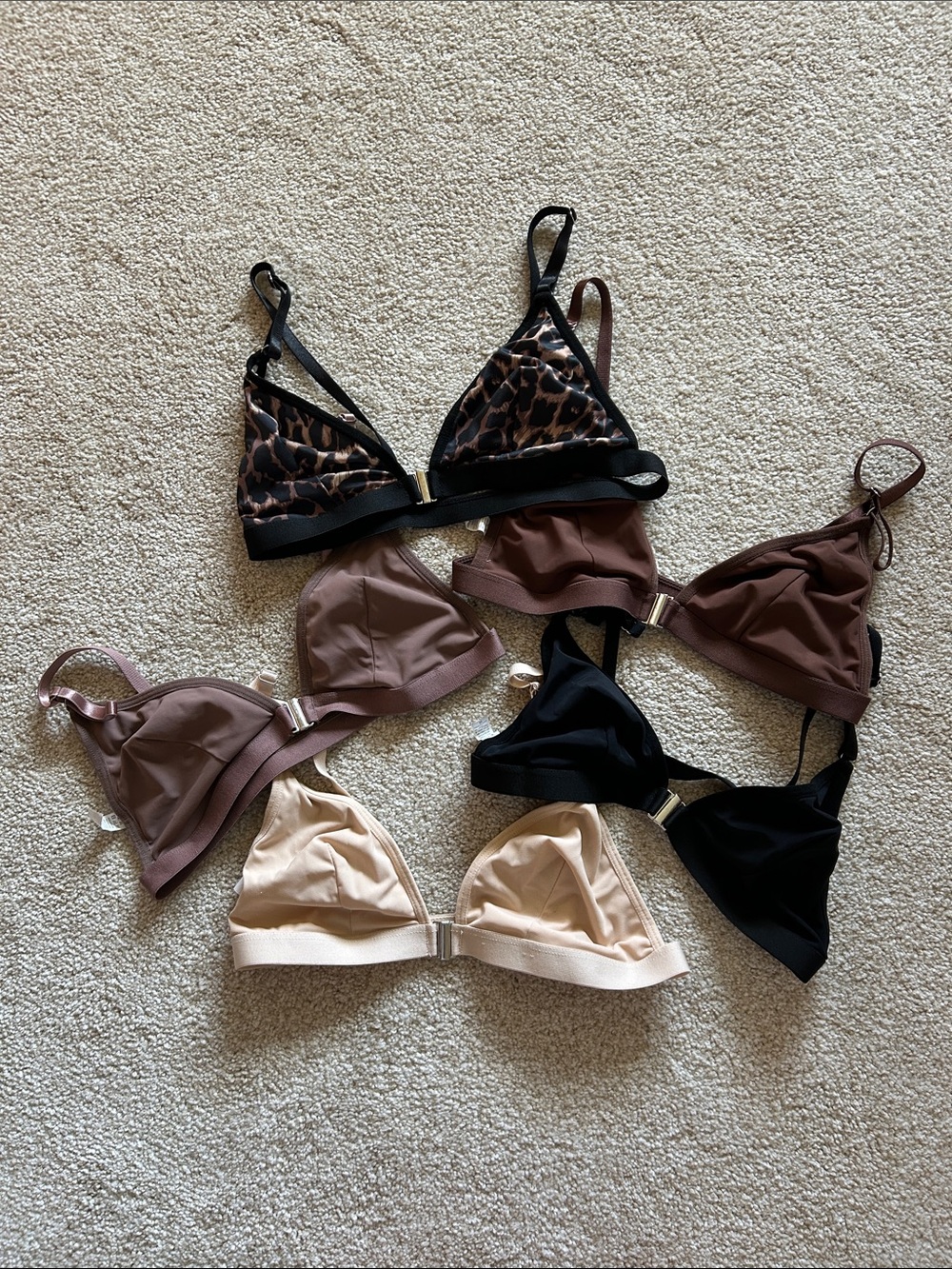 Women’s Triangle Bralette Set of 5 - Black, Brown, Animal spot, Taupe & Cream